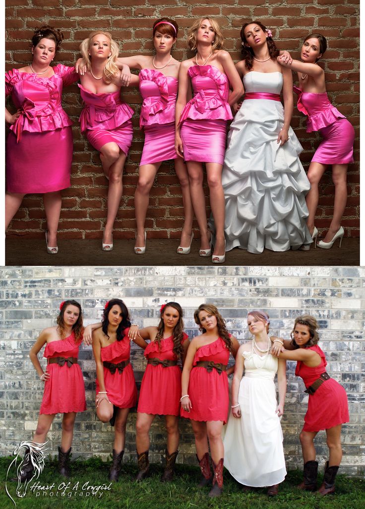 the bridesmaids in pink dresses are posing for pictures with each other and one is leaning against a brick wall