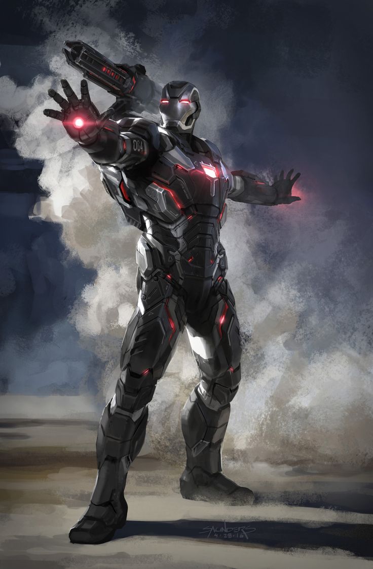 an iron man standing in front of some clouds