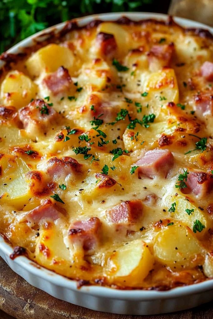 a casserole dish with ham, potatoes and parsley in it on a wooden board