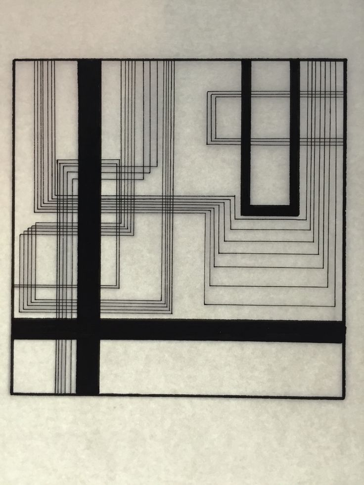 an abstract black and white drawing on paper with squares in the center, lines at the bottom