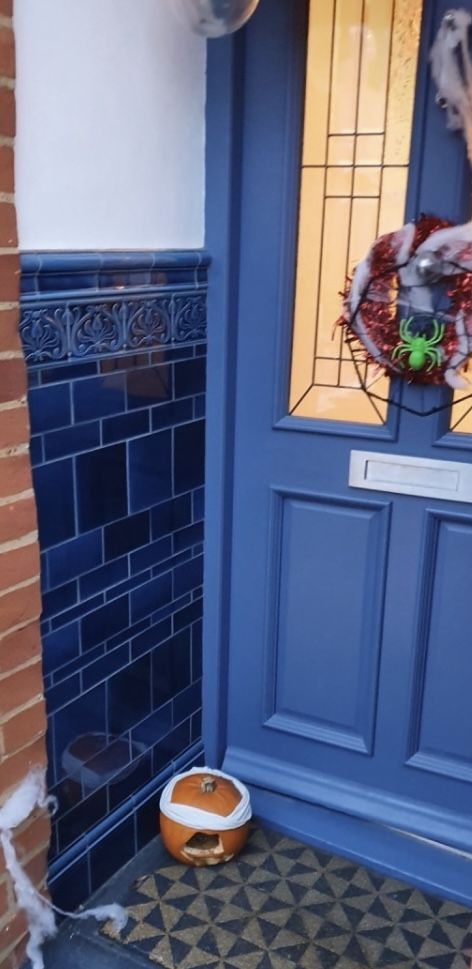 a blue front door with a dog bowl on the ground