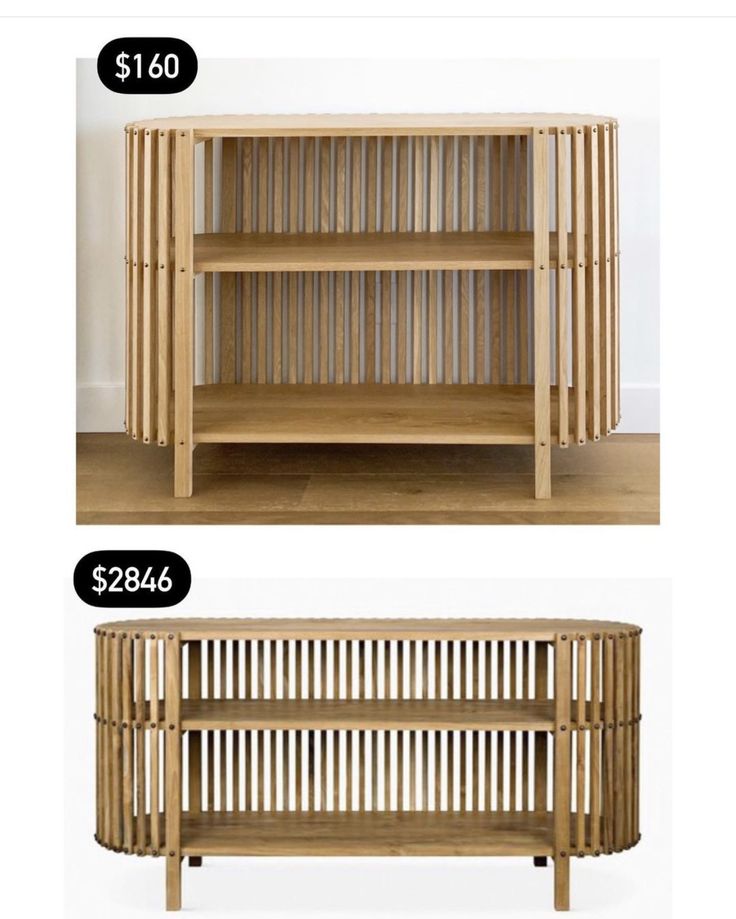 two different types of wooden furniture with price tags on the top and bottom, side by side