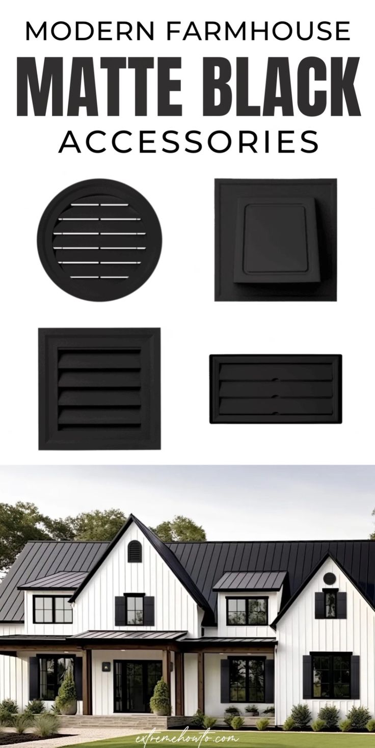 the modern farmhouse house has black accessories for its windows and shutters, as well as an