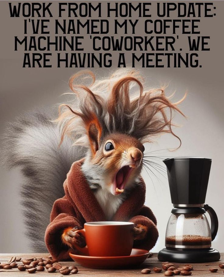 a squirrel with its mouth open next to a coffee cup