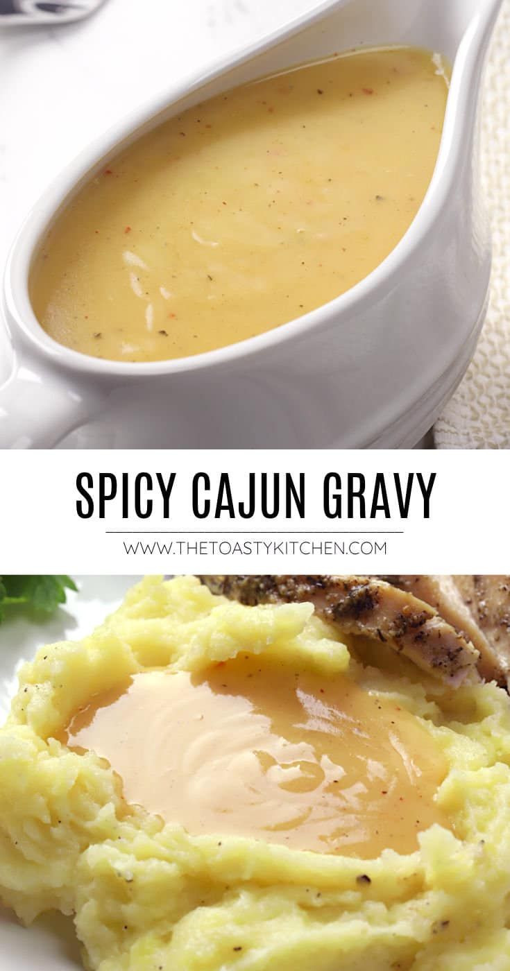 two pictures with the words spicy cajun gravy and mashed potatoes