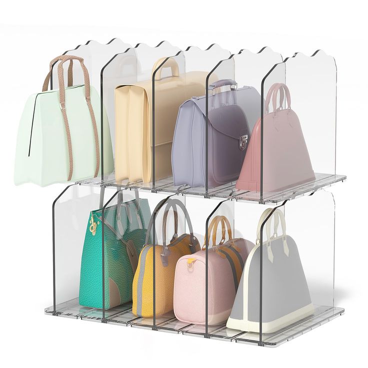 four tiered display case with purses in different colors