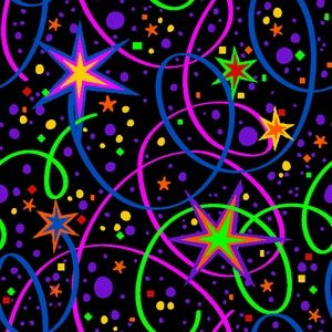 colorful stars and swirls are on a black background with yellow, green, purple, and red circles