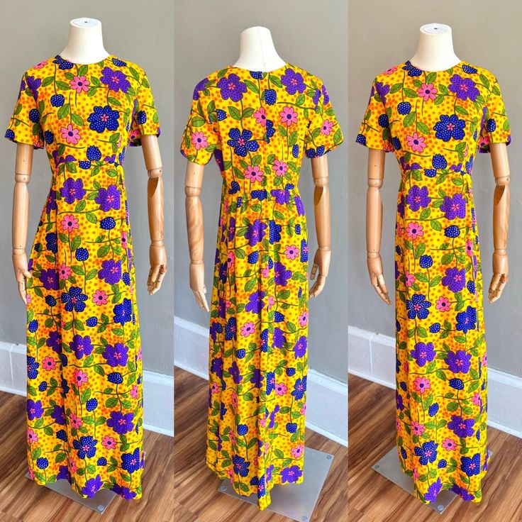 Super groovy flower power maxi dress by "Montgomery Ward". Amazing print and colorway, easy to wear statement dress. Short sleeved, 100% acrylic fabric. Back zipper closure. Excellent condition.  SIZE : no tag size , fits like a Large Bust : 38 - 40 Waist : 32 Bodice length from shoulder to waistline : 14 Hips : up to 44 Total length : 56 Shoulder to shoulder : approx 16 I aim to provide accurate descriptions and measurements. To best determine size, compare measurements to a similar garment you Retro Multicolor Maxi Dress With Vibrant Print, 1970s Style Multicolor Maxi Dress, Vibrant Short Sleeve Maxi Dress With Floral Print, Retro Spring Maxi Dress With Vibrant Print, Retro Multicolor Floral Print Maxi Dress, Hippie Style Short Sleeve Floral Maxi Dress, Multicolor Retro Maxi Dress With Floral Print, Retro Yellow Maxi Dress, 1970s Floral Print Maxi Dress