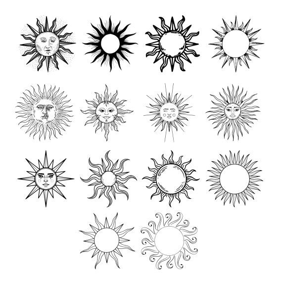 the sun's different shapes and sizes are shown in black and white on a white background