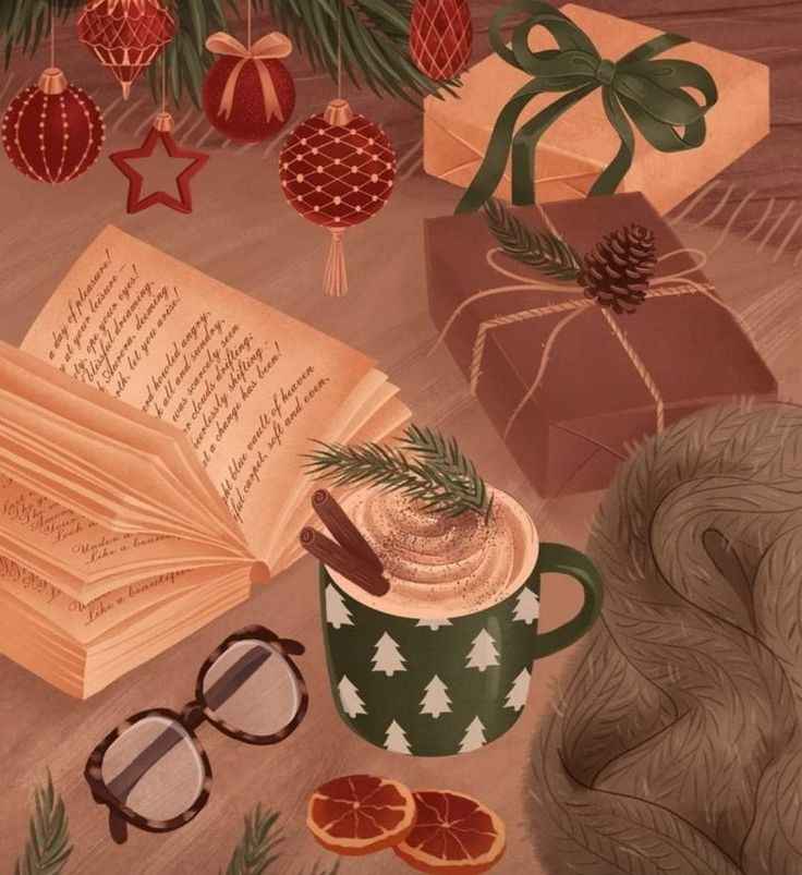 an image of a christmas scene with books and glasses