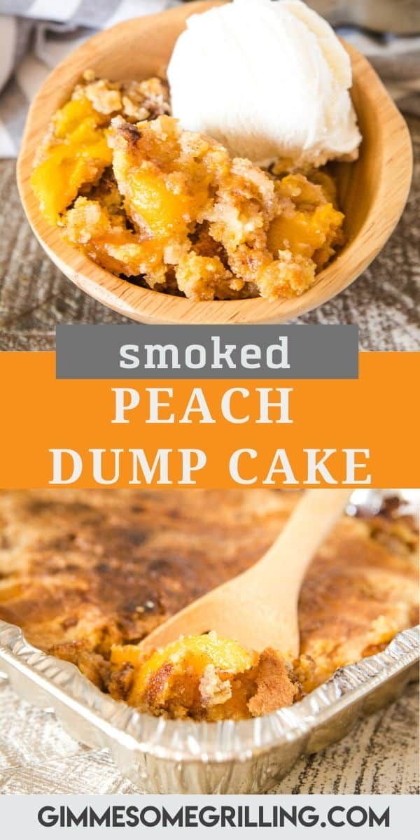 a bowl filled with peach dump cake next to a wooden spoon and some whipped cream on top