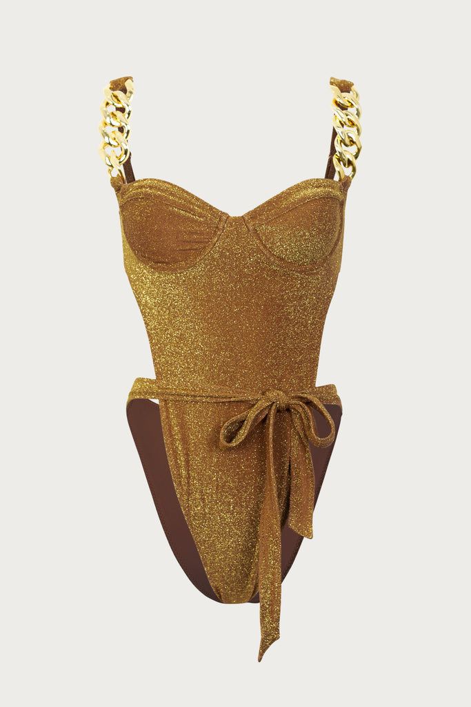 Gold Chain One Piece (Mocha Shimmer Lurex) Gold Bathing Suit, Gold Swimsuit, Longer Legs, Luxury Resort Wear, Best Swimsuits, Luxury Swimwear, Dope Fashion, In Water, High Cut