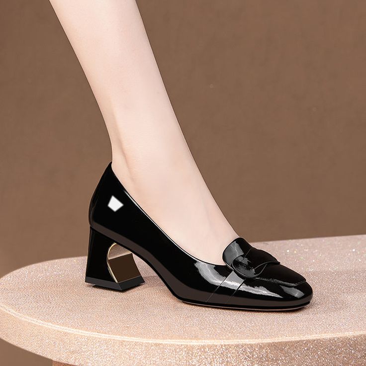 Introducing our Patent Chic Square Toe High Heel Single Shoes, crafted with a sleek patent leather upper and a sophisticated pointed toe shape. With a comfortable 5.5cm heel height and a slip-on closure, these shoes are perfect for any occasion. Elevate your style and step into elegance with these timeless and versatile shoes. Shop now and experience the perfect blend of style and comfort with our Patent Chic Square Toe High Heel Single Shoes. Fall Patent Leather Court Shoes For Office, Patent Leather Court Shoes For Office In Fall, Fall Patent Leather Heels For Work, Patent Leather Heels For Work In Fall, Chic Pointed Toe Loafers With Reinforced Heel, Block Heel Patent Leather Loafers For Office, Patent Leather Block Heel Loafers For Office, Trendy Patent Leather Heels For Office, Closed Toe Patent Leather Heels For Office