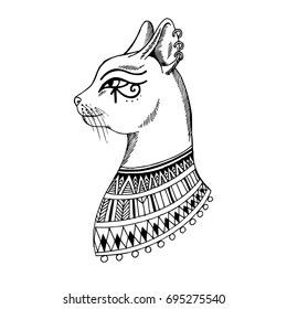 an ink drawing of a cat wearing a dress with beads on it's head