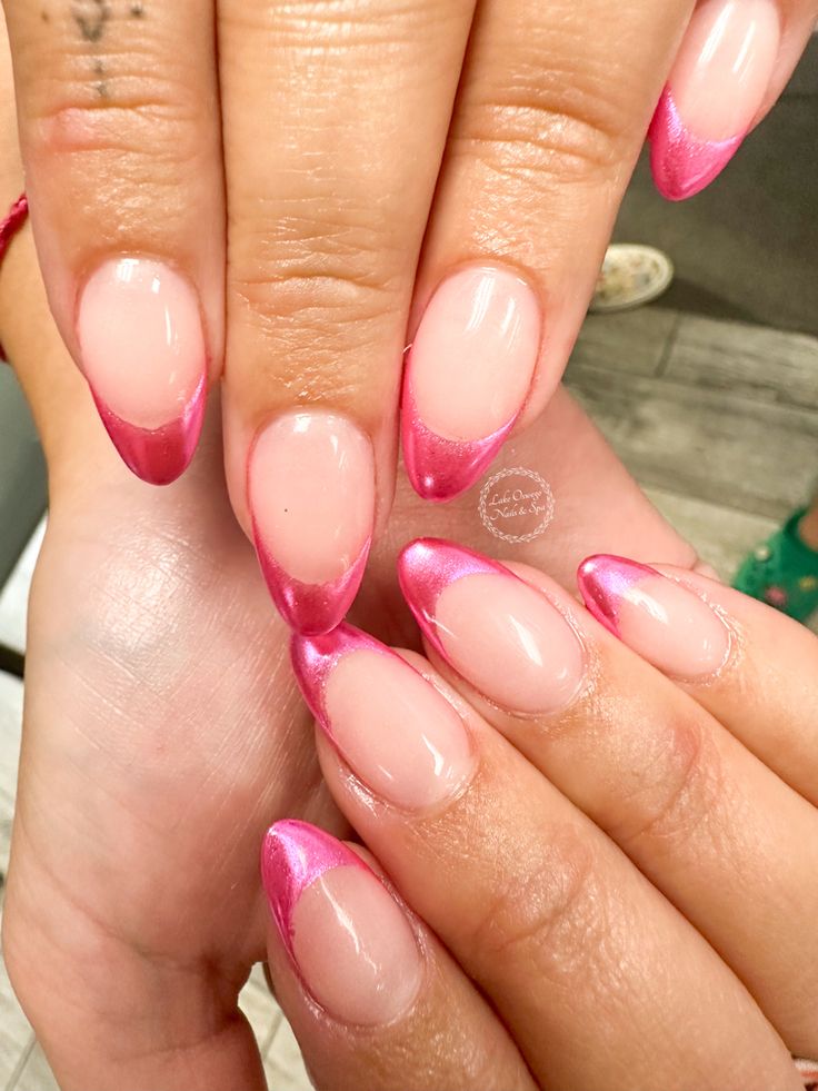 Pink Chrome French Tip, Pink Chrome French Tip Nails, Pink Chrome French, Hot Pink Chrome, Chrome French Tip Nails, Chrome French Tip, Chrome French, Hoco Nails, Teen Nails