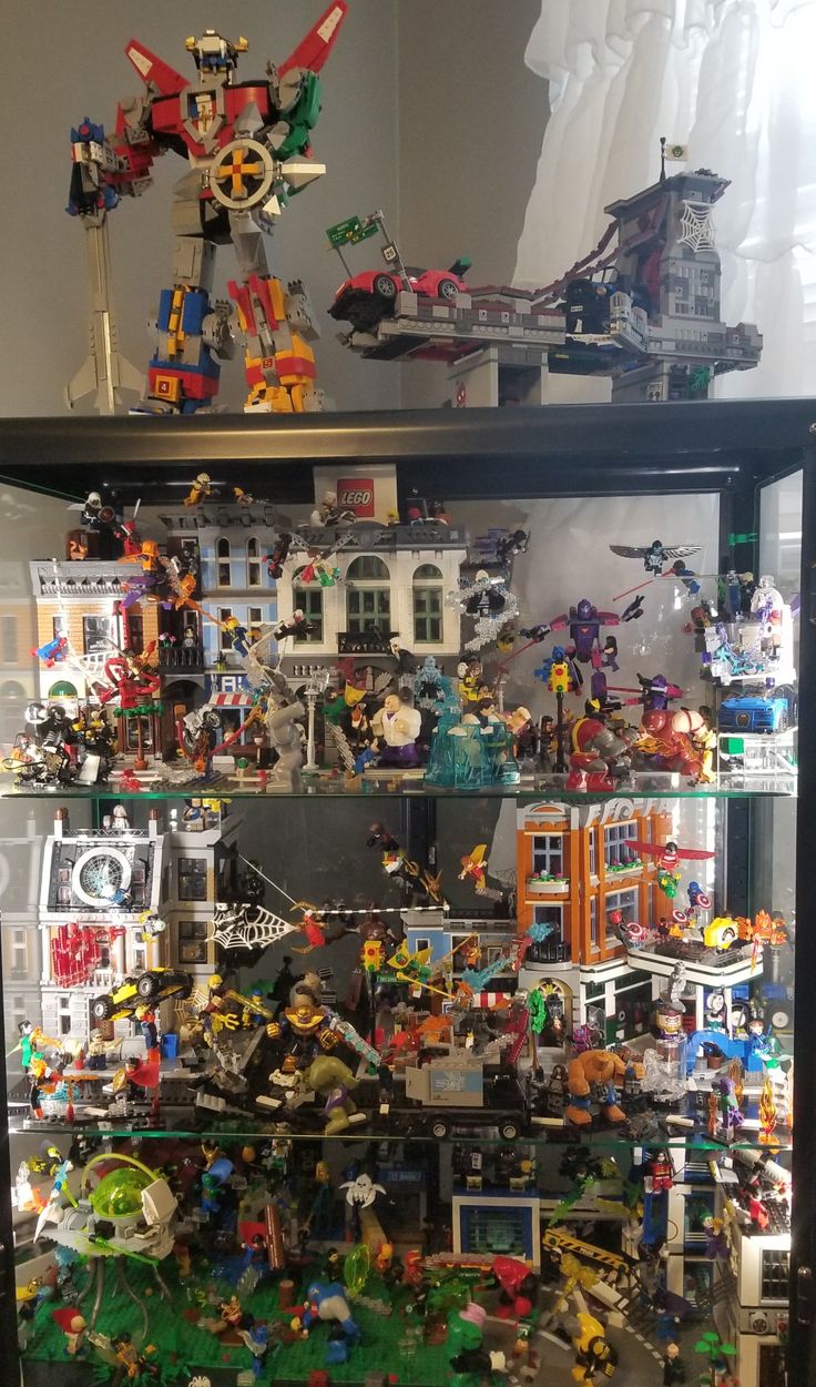 a display case filled with lots of legos