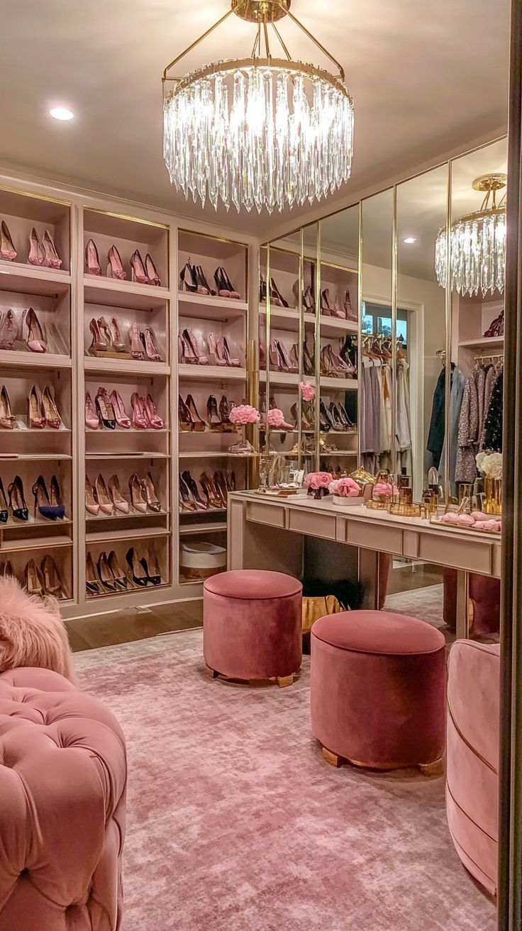 a closet with pink velvet furniture and chandelier