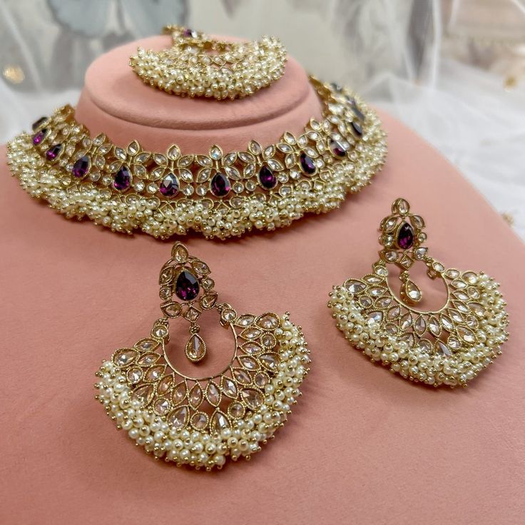 Champagne crystal necklace set with tiny pearl drops and colourful crystals.  Necklace width is 1 inch. Earrings and tikka measure 2.5 inch length. Ready To Ship with gift box Bridal Survival Kit, Hand Harness, Bangle Box, Crystals Necklace, Bridal Choker, Bridal Necklace Set, Womens Wedding Dresses, Potli Bags, Jhumka Earrings