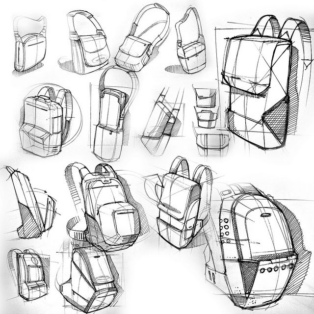 a bunch of sketches of backpacks that are in different positions and sizes, all with the same design