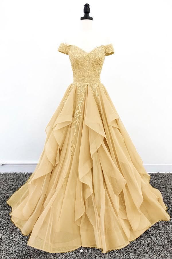 Yellow Yule Ball Dress, Yellow Off The Shoulder Prom Dress, Prom Dresses Long With Pockets, Princess Belle Prom Dress, Yellow Ballgown Prom Dress, Yellow Ball Gowns Princesses, Yellow Ball Gown Aesthetic, Hufflepuff Wedding Dress, Yellow Tulle Prom Dress