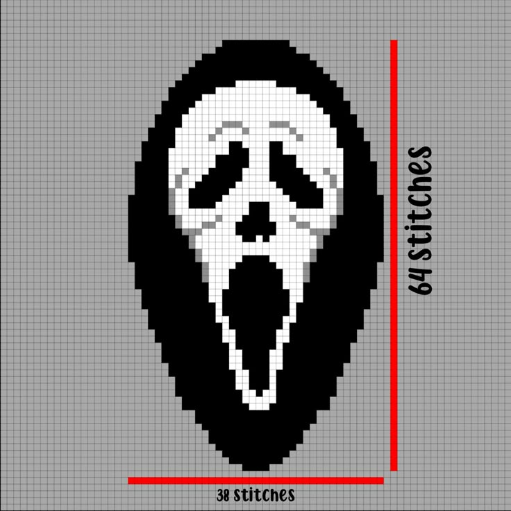 Pixel art of Ghostface from the ‘Scream’ movie for use in crochet and knit. Ghostface Crochet Graph, Scream Movie Crochet, Scream Tapestry Crochet, Ghostface Pixel Art Grid, Scream Pixel Art Grid, Crochet Ghostface Pattern Free, Ghostface Cross Stitch, Ghostface Crochet Pattern Free, Scream Alpha Pattern