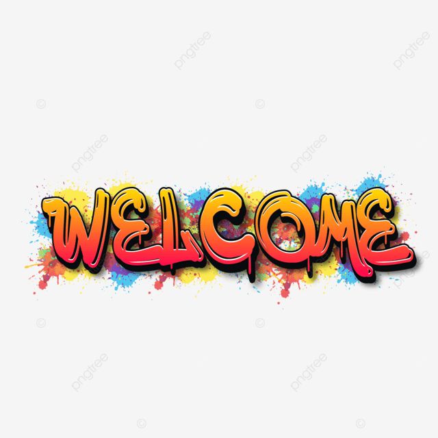 the word welcome is painted in bright colors and has splattered paint on it