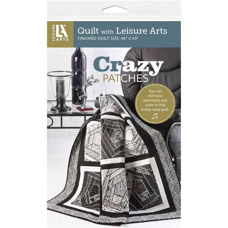 the book cover for crazy patches quilting with leisure arts, featuring an image of a man sitting in a chair