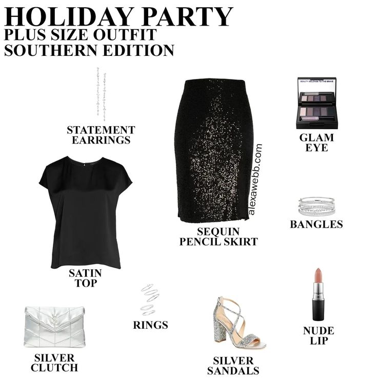 Plus Size Holiday Party Outfit, Black And Silver Outfit, Sequin Mini Skirt Outfit, Plus Size Sequin Skirt, Plus Size Holiday Party, Silver Shoes Outfit, Black And Silver Outfits, Holiday Party Outfit Ideas, Makeup Suggestions