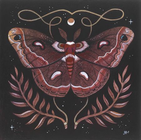 a painting of a moth on a black background with leaves and stars in the foreground