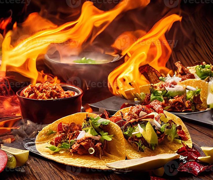 three tacos with meat, lettuce and tomatoes on them in front of fire