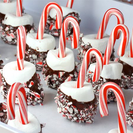 candy canes and marshmallows are arranged in rows on a white tray