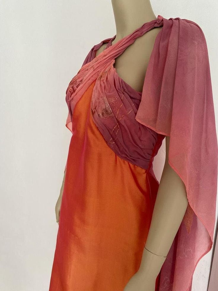 Long evening dress made with 100%silk dress and synthetic fiber fully lined Is a medium size(bust 92 waist72 hips97)length of garment from sh to flour 158cm The orange part of the dress is silk fiber  the purple pink part of the dress is synthetic fiber.The dress is designed and hand made by me Pre-draped Summer Party Evening Dress, Orange Satin Evening Dress, Summer Party Silk Dress With Draped Shape, Summer Party Silk Dress With Draped Design, Pre-draped Silk Formal Summer Dress, Draped Silk Cocktail Dress, Pre-draped Pink Silk Evening Dress, Summer Formal Pre-draped Silk Dress, Pre-draped Silk Dress For Summer Formal Occasions