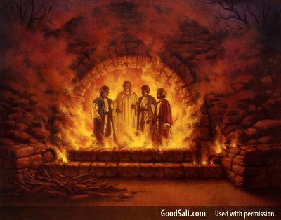 a painting of three men standing in front of a fire pit with flames coming from it