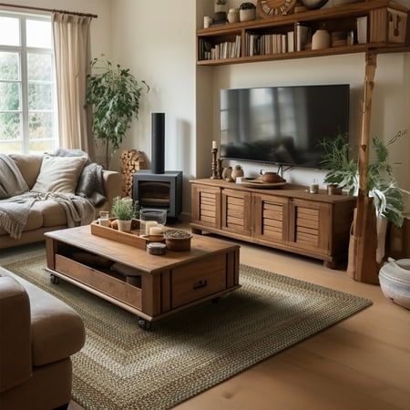 a living room filled with furniture and a flat screen tv on top of a wooden shelf