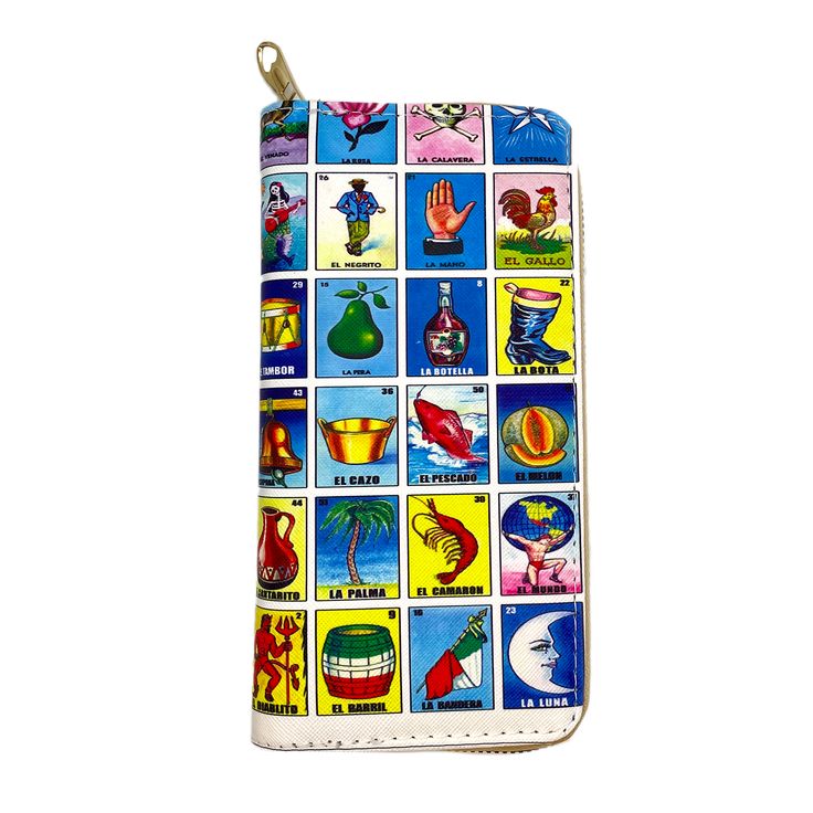 This wallet features a classic Loteria design with space for all of your essentials! It's compact in size, but has plenty of room to stash all of your cash, cards, and more. Measures approximately 4" x 7.75" Retro Wallets With Card Slots For Everyday Use, Retro Wallets With Interior Card Slots, Retro Rectangular Wallets For Everyday Use, Retro Everyday Rectangular Wallets, Everyday Retro Rectangular Wallets, White Rectangular Organizers With Zipper Pouch, White Rectangular Organizer With Zipper Pouch, Multicolor Rectangular Card Holder With Card Slots, Multicolor Rectangular Card Holder With Slots