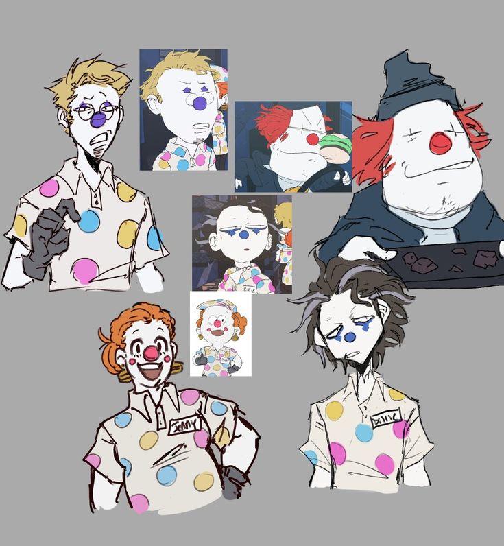 the clowns are all different colors and sizes, but one is wearing polka dots