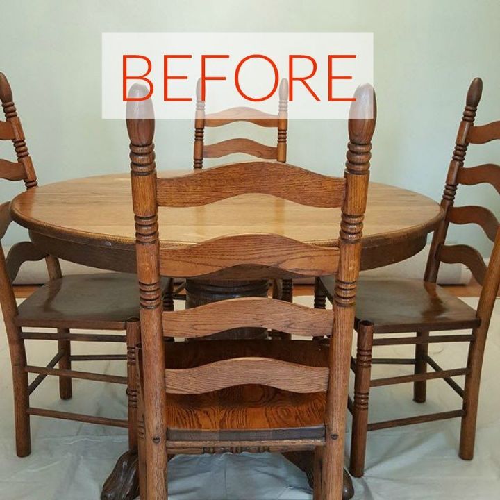 a wooden table with six chairs before and after