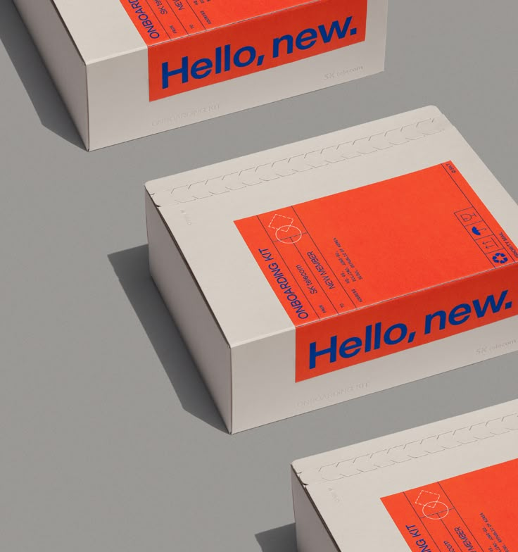 three boxes with hello new labels on them