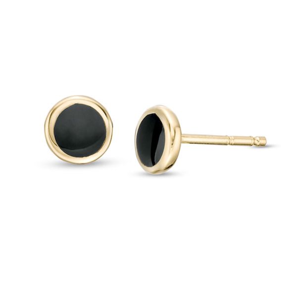 Subtle yet charming, these stud earrings complement her casual attire. Fashioned in 14K gold, each cute earring showcases a black enamel-finished disc wrapped in a yellow gold polished frame. Buffed to a brilliant luster, these post earrings secure comfortably with friction backs. Classic Yellow Gold Earrings With Black Enamel, Gold Earrings With Black Enamel In 14k Gold, Red Stud Earrings, Gold Neck Chain, Red Earrings Stud, Mens Gold Jewelry, Jewelry Lookbook, Mens Silver Rings, Rings Cool