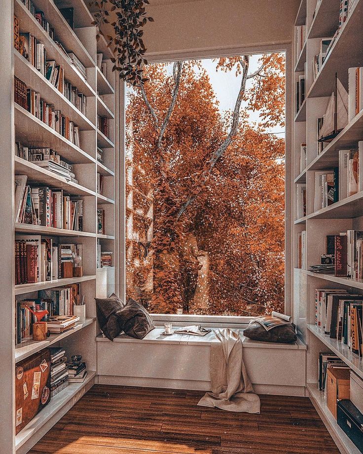 a window seat in front of a book shelf filled with books and an open window