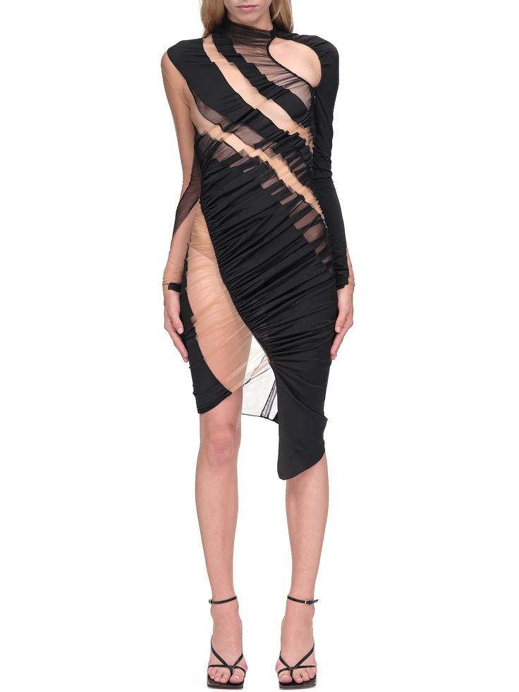 Mugler Patchwork Dress | H.Lorenzo Black Ruched Draped One Shoulder Dress, Black Draped One Shoulder Ruched Dress, Black Draped Ruched One Shoulder Dress, Black Draped One Shoulder Dress With Ruched Detail, Evening Dresses With Sheer Sleeves In Nylon, Black Ruched Asymmetrical Evening Dress, Black Ruched Asymmetrical Dress For Evening, Party Dresses With Mesh Sleeves, Nylon Dresses With Mesh Sleeves For Parties