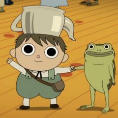 a cartoon character with a hat on his head standing next to a frog