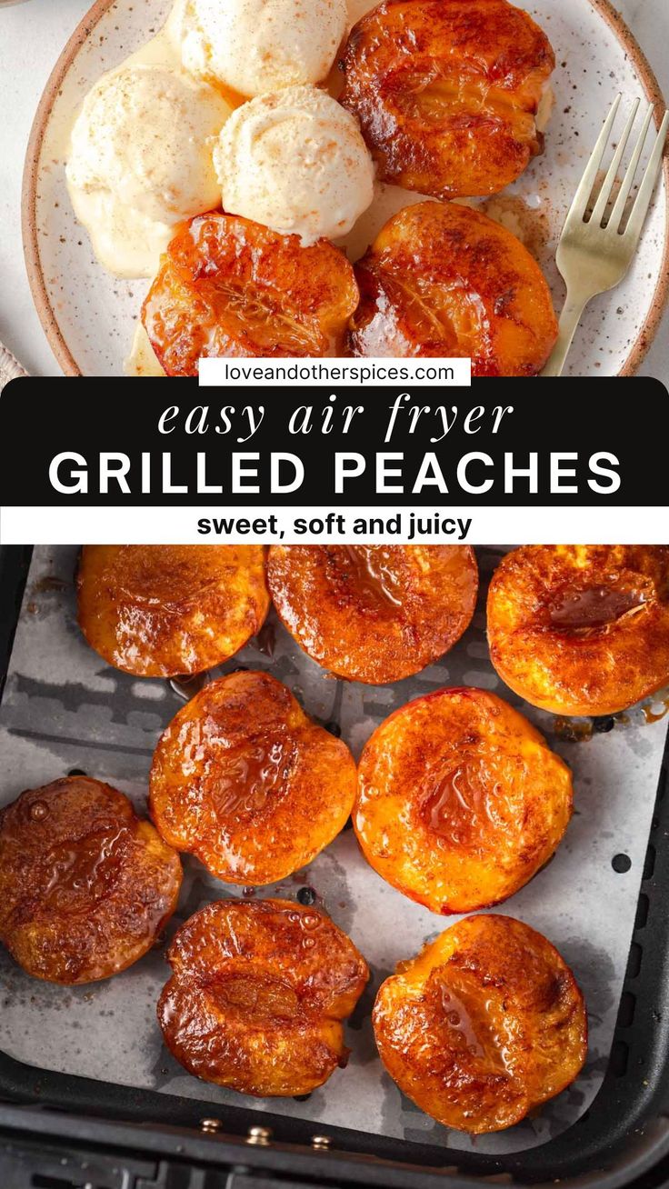 grilled peaches on a plate with text overlay