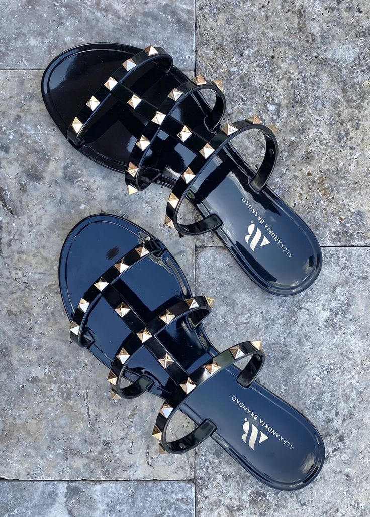 Women's black studded jelly slide sandals, AURORA gold studded black slides by Alexandria Brandao Shoes. Jelly slide sandal Studded detail 0.5" flat heel The whole size only All shoes come with a special dust bag Best Travel Sandals, Cute Mom Jeans, Black Slide Sandals, Travel Sandals, Jelly Slides, Clear Sandals, Jelly Flats, Black Slides, Studded Sandals