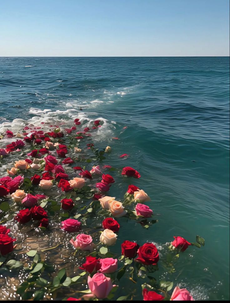 many red and white roses are in the water near the shore line on a sunny day