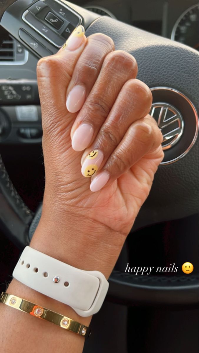 Smiley face nail art Nail Designs Happy Face, Happy Face Gel Nails, Nail Art Designs Smiley Face, White Nails With Pattern, Happy Face Manicure, Neutral Smiley Face Nails, Kindergarten Teacher Nails, Neutral But Fun Nails, Smily Face Nail Design