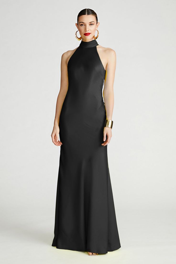 Chic Satin Halter Neck Gown, Floor-length Bias Cut Halter Dress For Party, Elegant Floor-length Bias Cut Halter Dress, Fitted Maxi-length Bias Cut Halter Dress, Luxury Sleeveless Bias-cut Halter Dress, Cocktail Jumpsuit, High Neck Gown, Mermaid Silhouette, Dress Satin