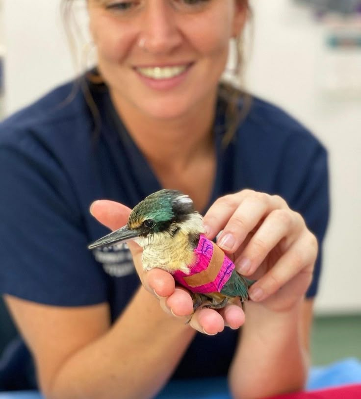 a woman holding a small bird in her hand