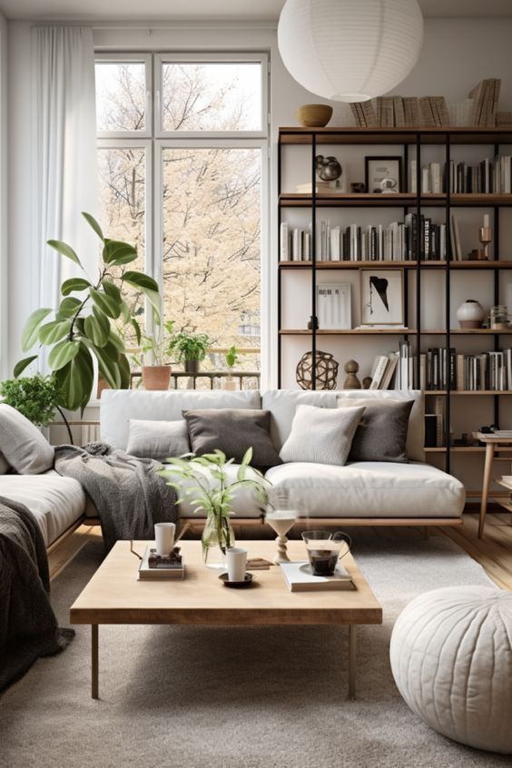 a living room filled with furniture and bookshelves next to a large open window