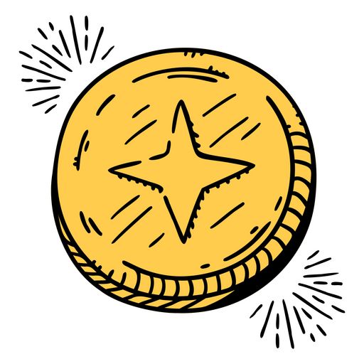 a gold coin with a star drawn on the front and side, surrounded by rays